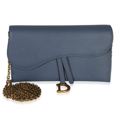 Christian Dior Blue Grained Calfskin Small Saddle Pouch With Chain Handbag fv