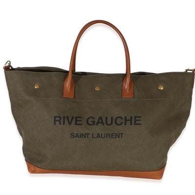 Saint Laurent Olive Brown Linen Calfskin Rive Gauche Maxi Tote Handbag id