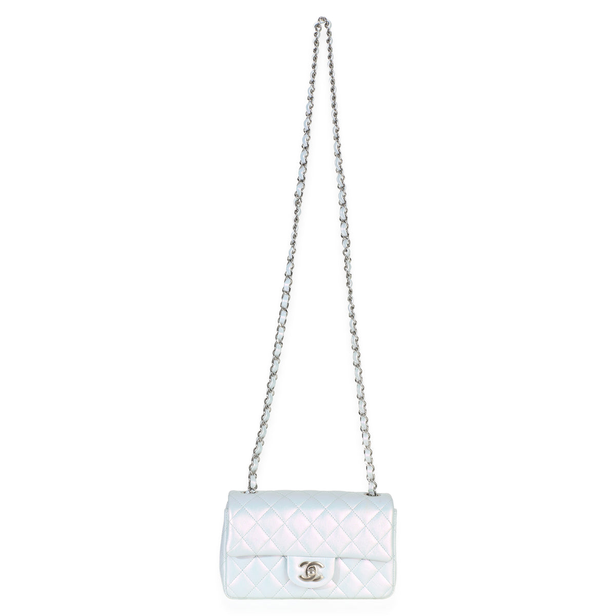 Chanel Blue Iridescent Quilted Goatskin Rectangular Mini Flap Handbag av