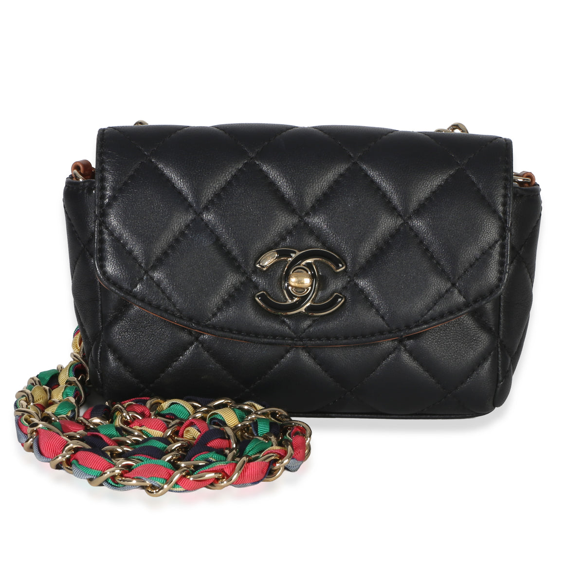 Chanel Black Quilted Lambskin Ribbon Chain Small Cocovado Flap Bag Handbag fv