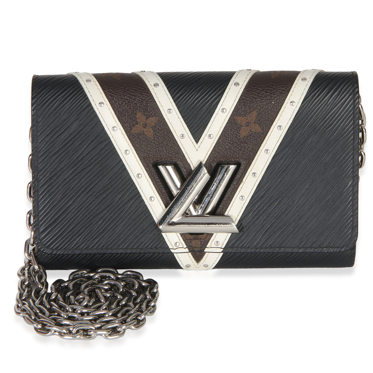 Louis Vuitton Black White V Monogram Canvas Twist Wallet on Chain Handbag fv