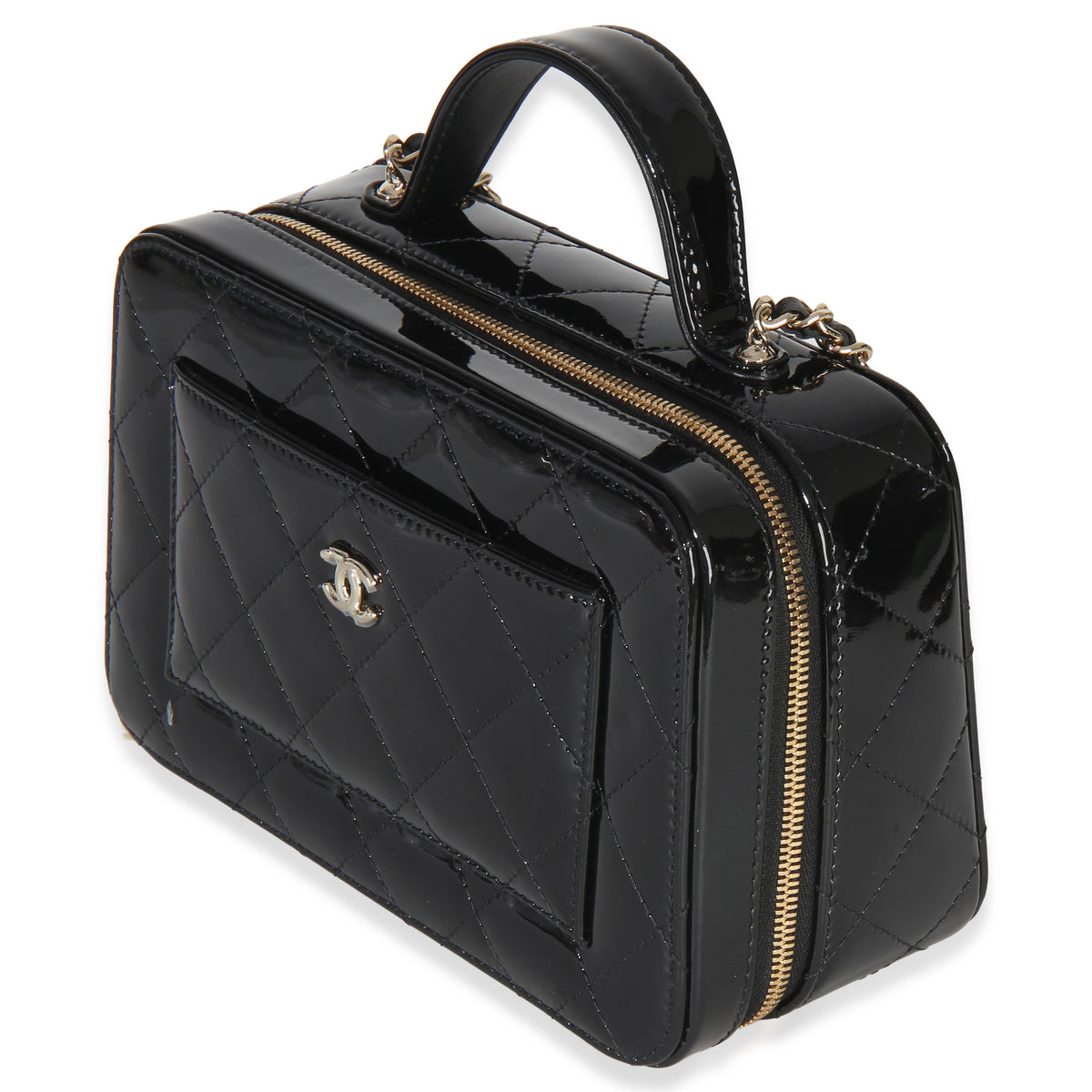 Chanel Black Quilted Patent Top Handle Vanity With Chain Handbag 2