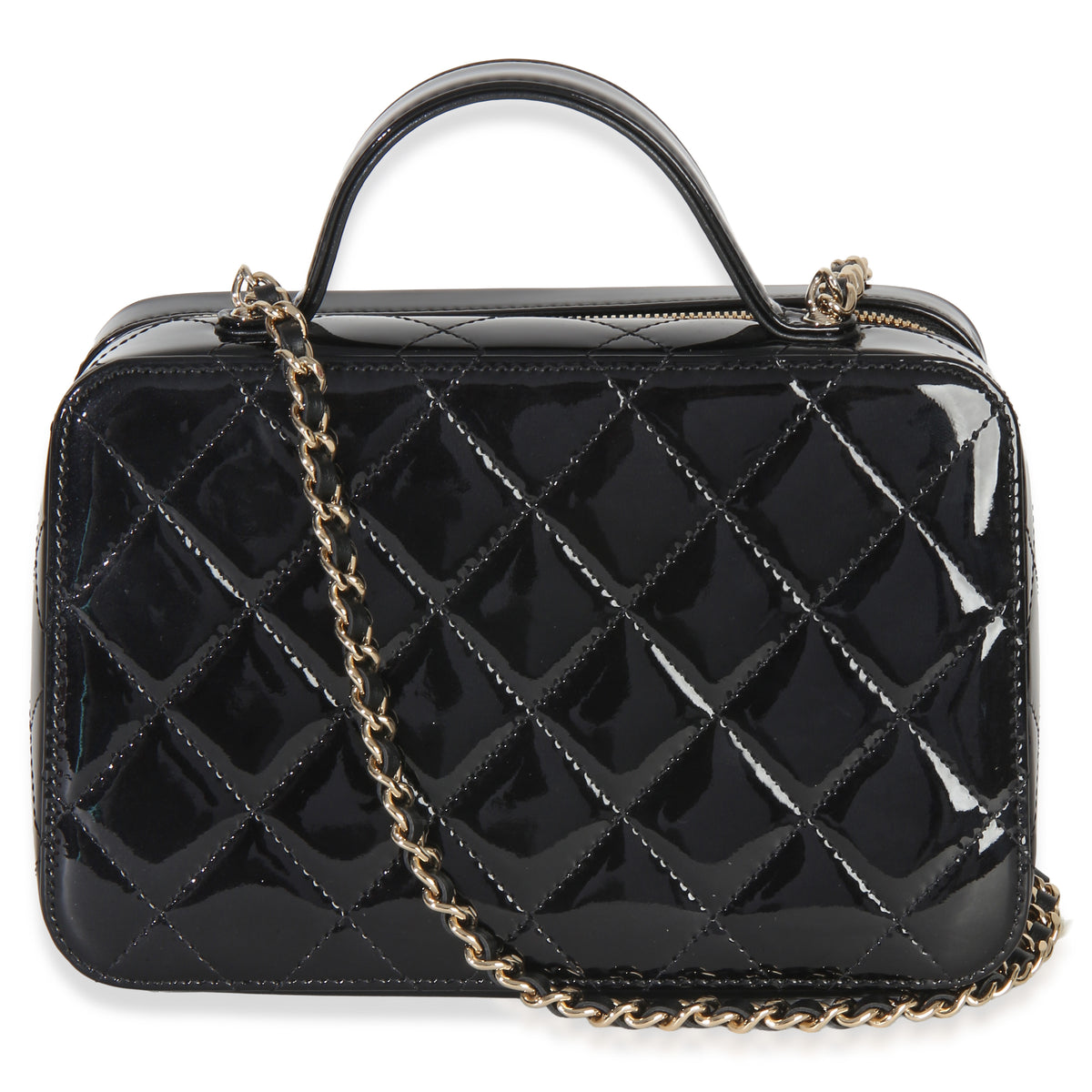 Chanel Black Quilted Patent Top Handle Vanity With Chain Handbag 4