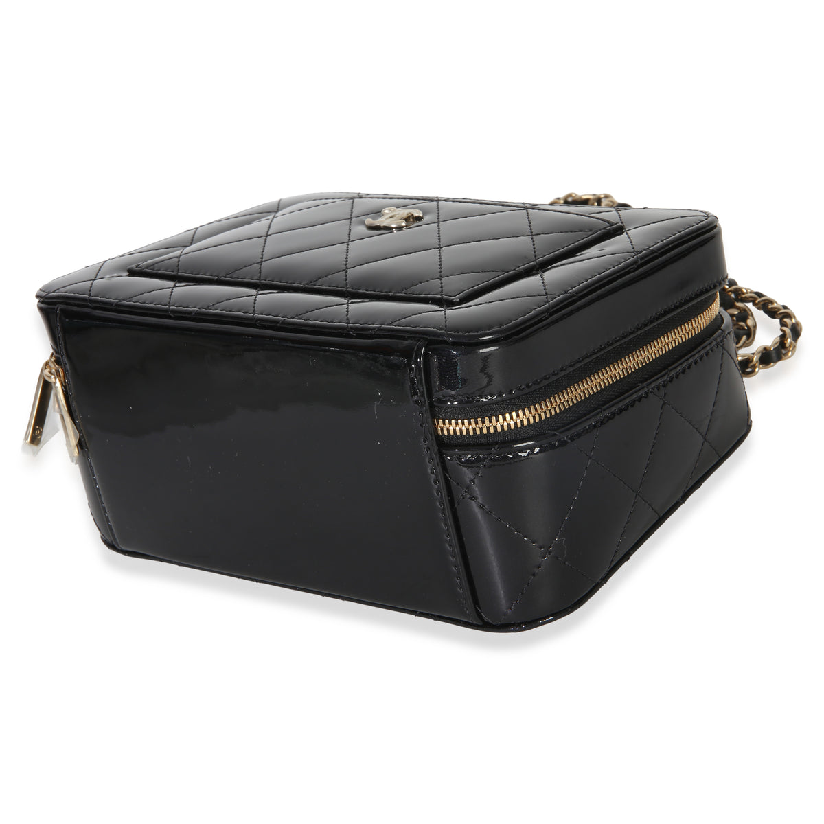 Chanel Black Quilted Patent Top Handle Vanity With Chain Handbag 6