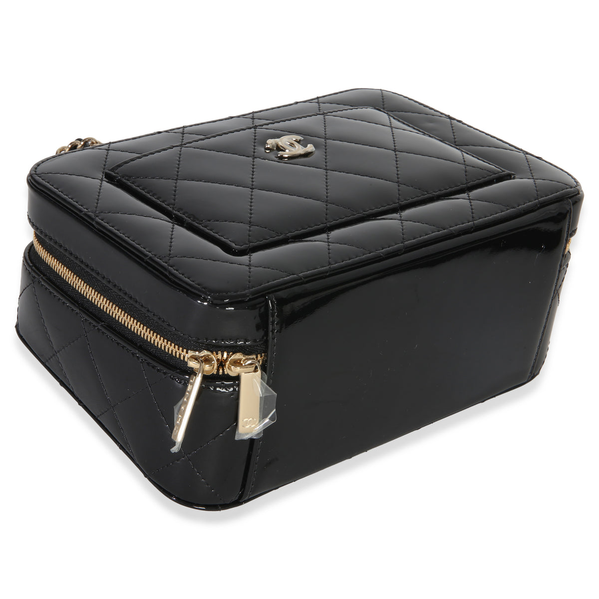 Chanel Black Quilted Patent Top Handle Vanity With Chain Handbag 7