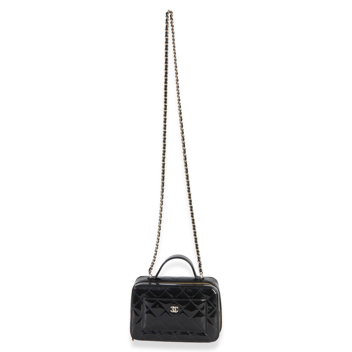 Chanel Black Quilted Patent Top Handle Vanity With Chain Handbag 8