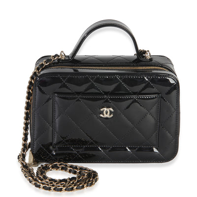 Chanel Black Quilted Patent Top Handle Vanity With Chain Handbag fv