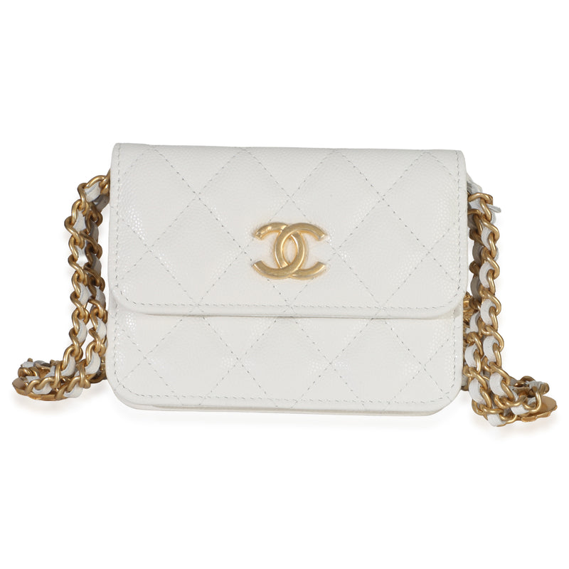 Chanel White Quilted Caviar Twist Your Buttons Coin Purse With Chain Handbag fv