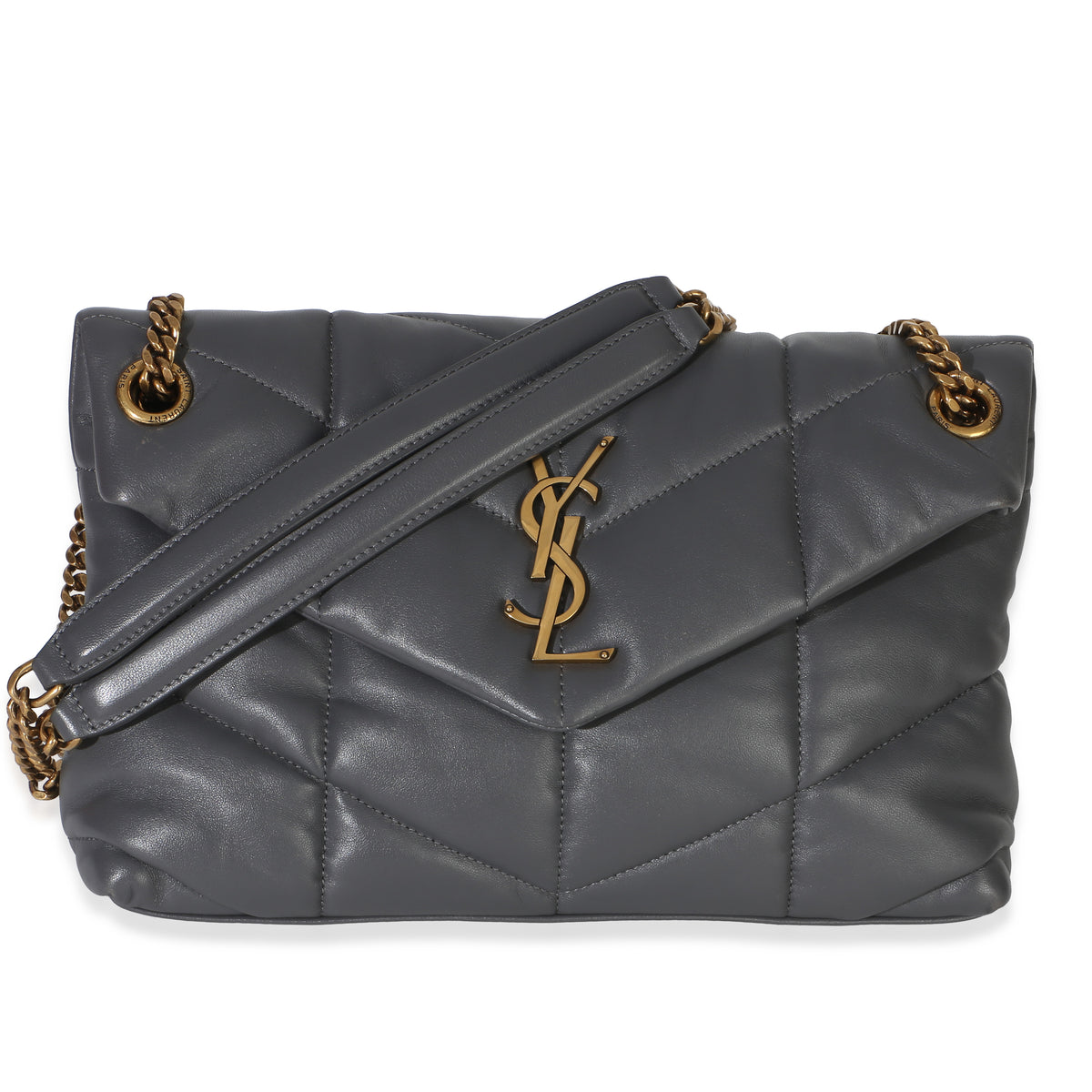 Saint Laurent Grey Quilted Lambskin Small Loulou Puffer Chain Satchel Handbag fv