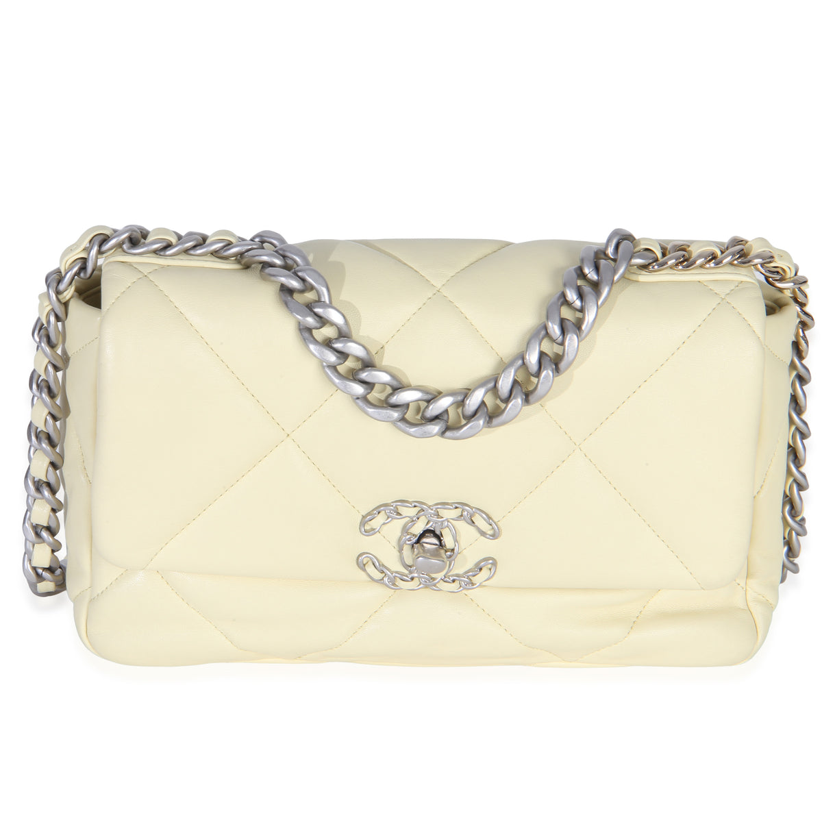 Chanel Light Yellow Quilted Lambskin Medium  19 Flap Bag Handbag fv