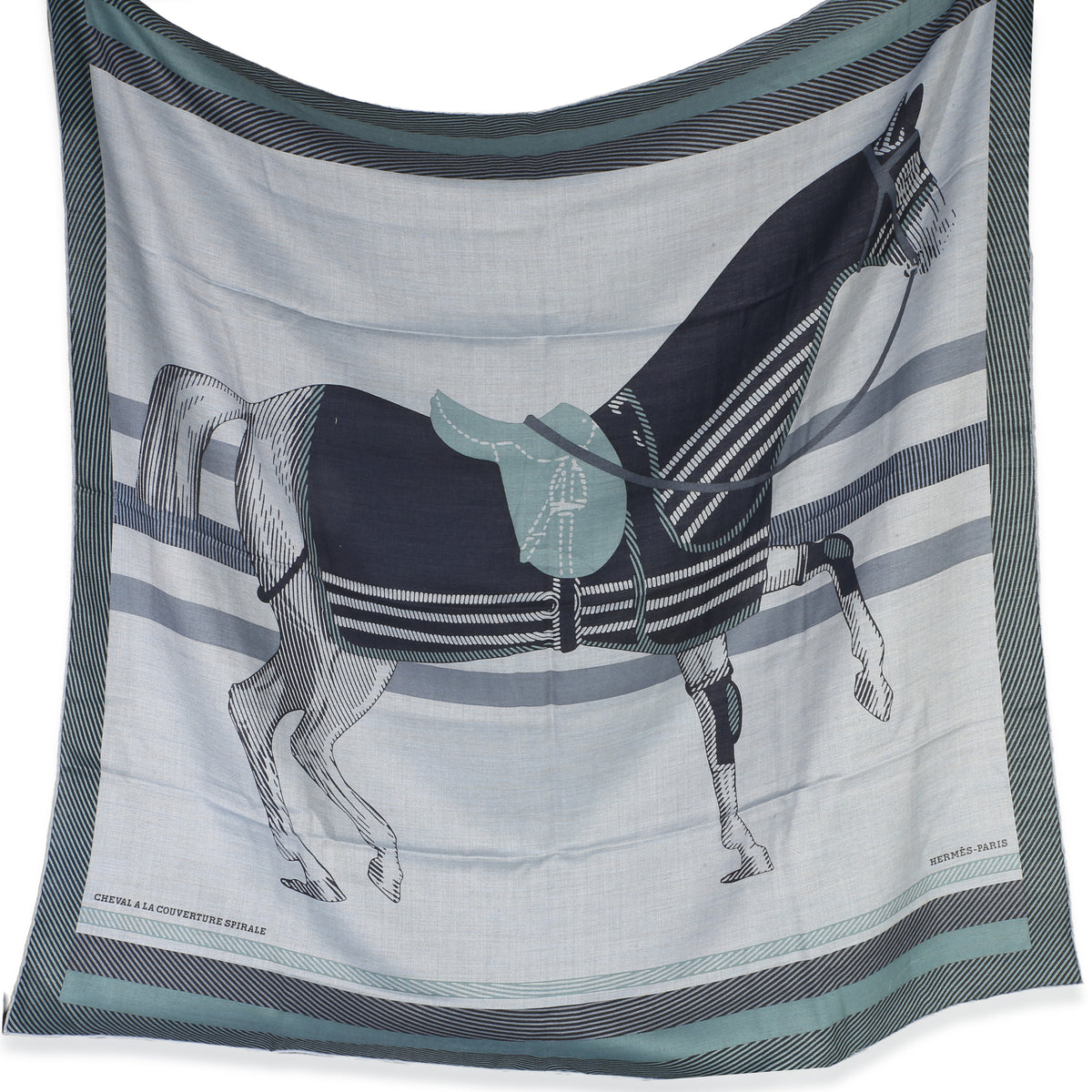 Hermès Men's Ciel Chine Cheval a la Couverture Cashmere Silk Scarf 100 fv