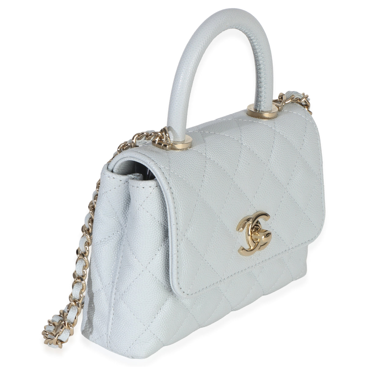 Chanel Light Blue Quilted Caviar Coco Handle Clutch With Chain Handbag Handbag 3