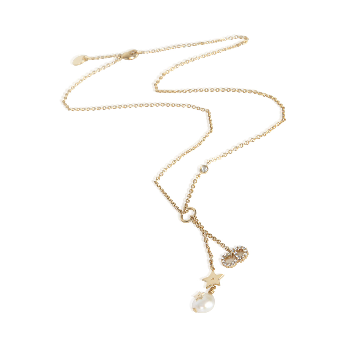 Christian Dior Gold Plated  Strass CD & Faux Pearl Lariat Necklace pv