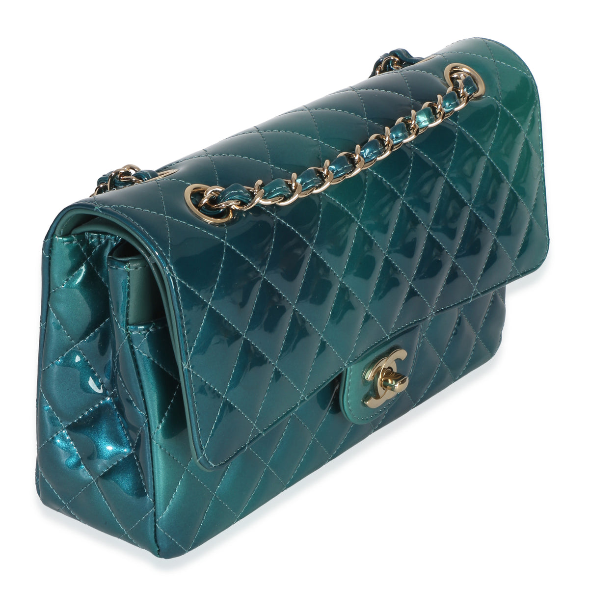 Chanel Green Blue Shaded Quilted Patent Medium Classic Double Flap Bag Handbag 3