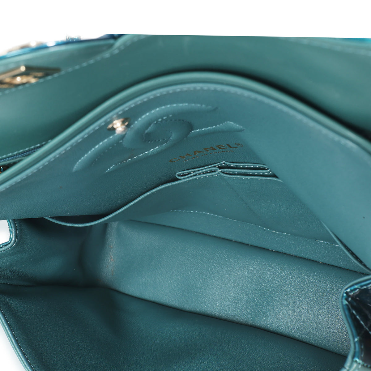 Chanel Green Blue Shaded Quilted Patent Medium Classic Double Flap Bag Handbag 9