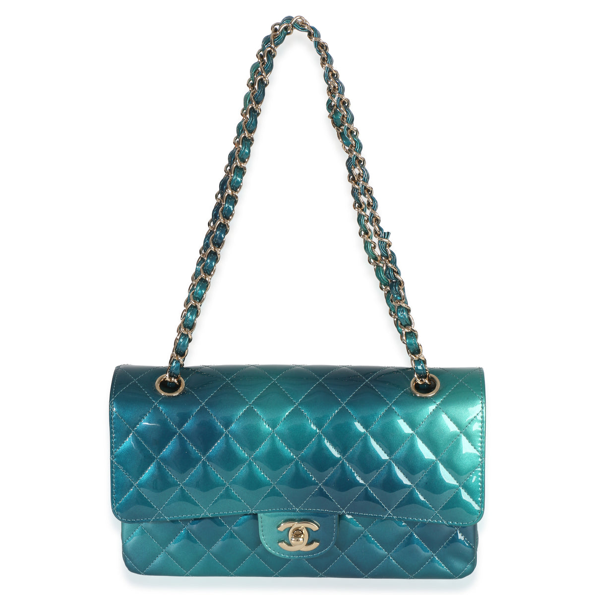 Chanel Green Blue Shaded Quilted Patent Medium Classic Double Flap Bag Handbag 8