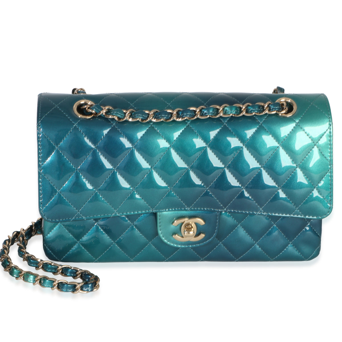 Chanel Green Blue Shaded Quilted Patent Medium Classic Double Flap Bag Handbag fv