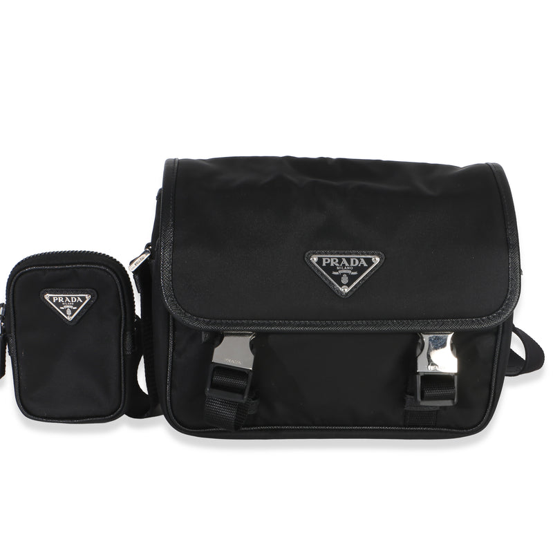 Prada Black Re Nylon Saffiano Double Buckle Messenger Bag Handbag fv