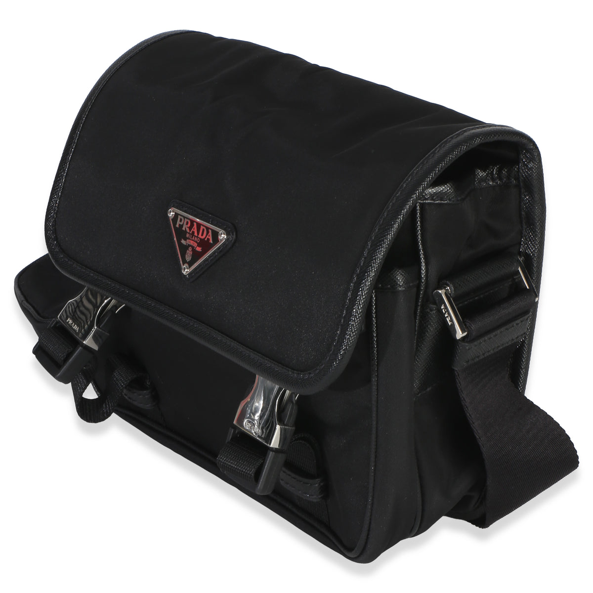 Prada Black Re Nylon Saffiano Double Buckle Messenger Bag Handbag 2