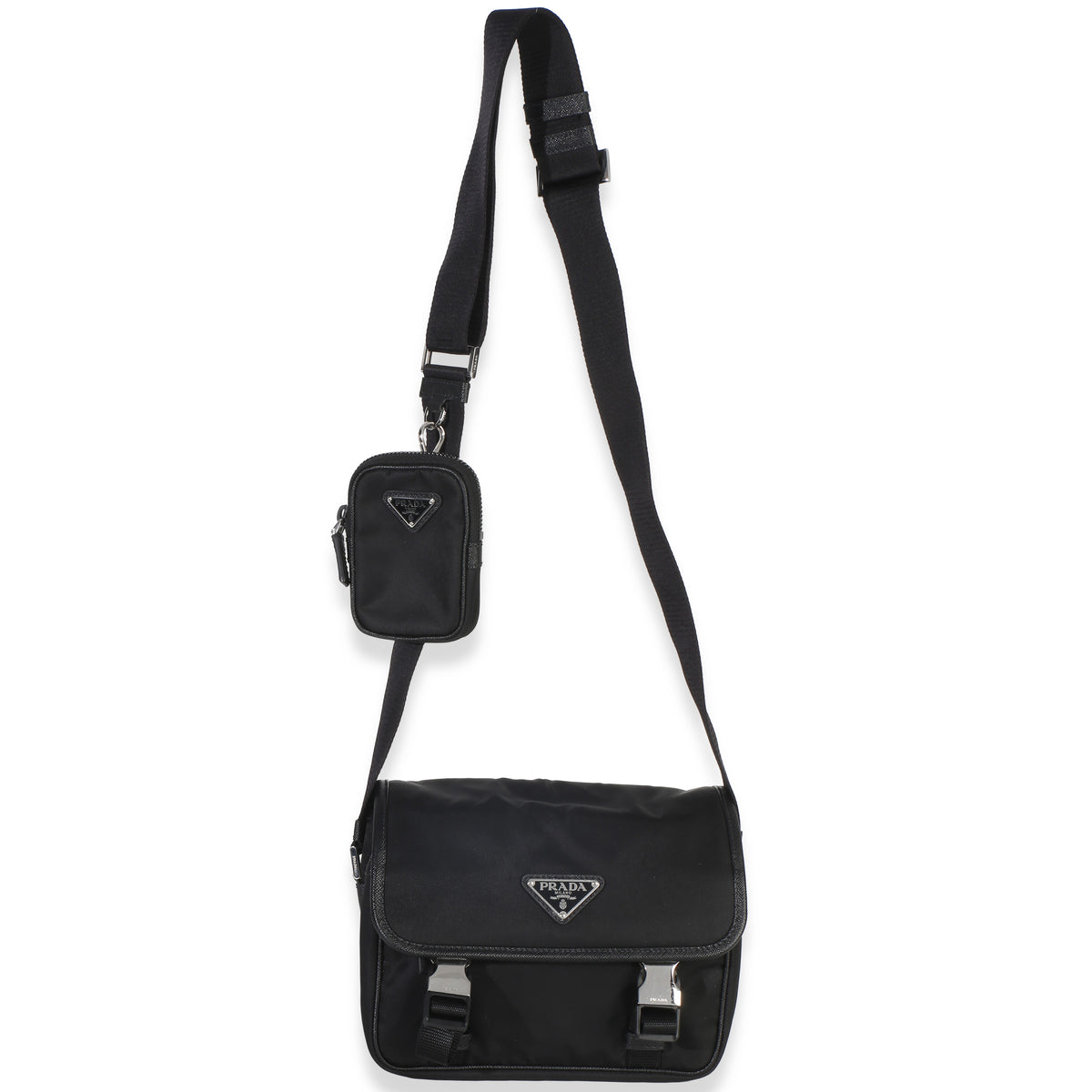 Prada Black Re Nylon Saffiano Double Buckle Messenger Bag Handbag 8