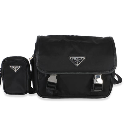 Prada Black Re Nylon Saffiano Double Buckle Messenger Bag Handbag fv