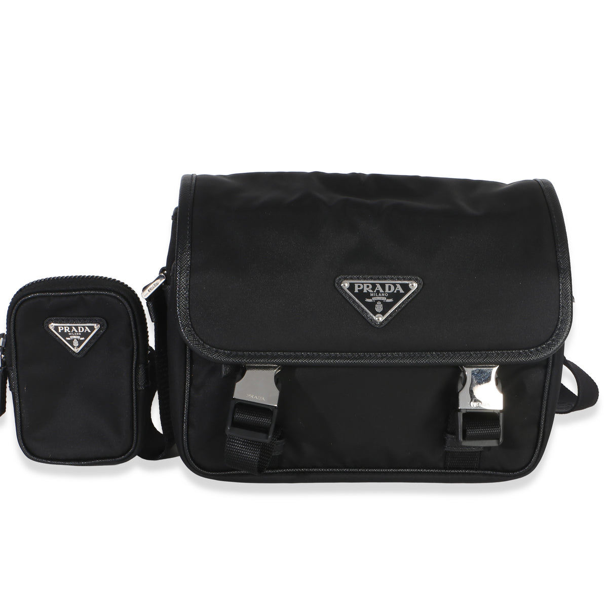 Prada Black Re Nylon Saffiano Double Buckle Messenger Bag Handbag fv