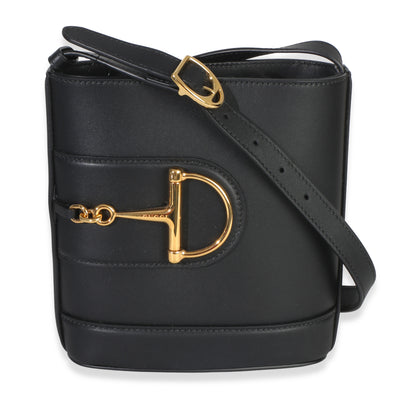 Gucci Black Smooth Calfskin Hasler Horsebit 73 Small Bucket Bag Handbag fv