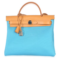 Hermès Bleu Azteque Toile Vache Hunter Herbag Zip 31 PM PHW Handbag fv