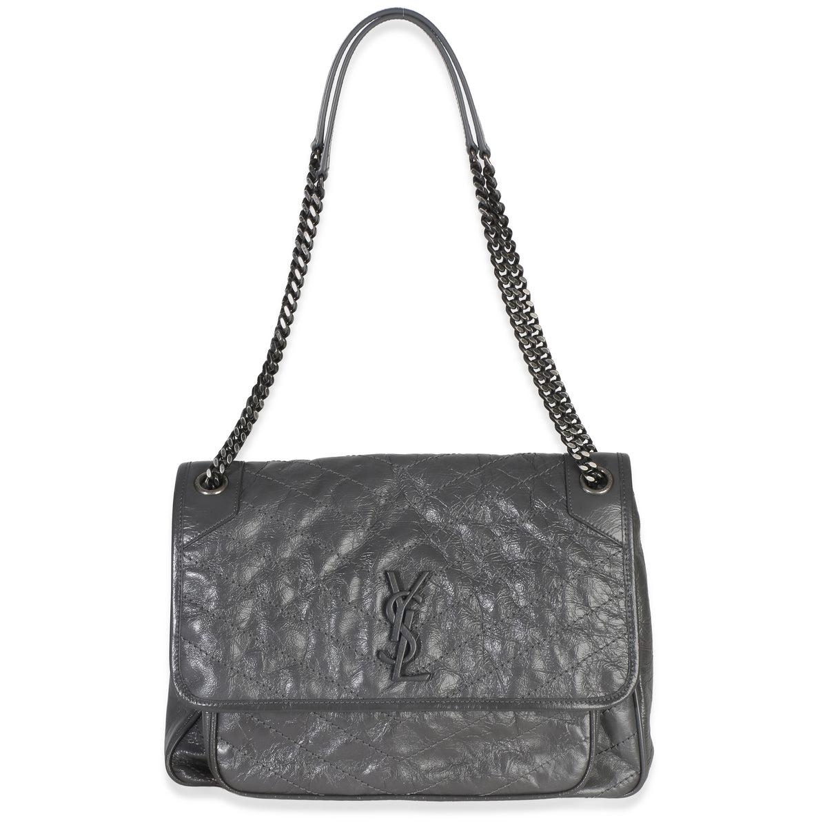 Saint Laurent Grey Crinkled Calfskin Matelasse Medium Niki Chain Satchel Handbag id