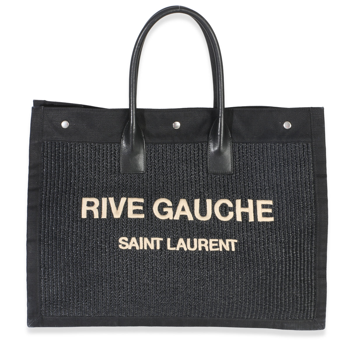 Saint Laurent Black Beige Raffia Rive Gauche Tote Handbag fv