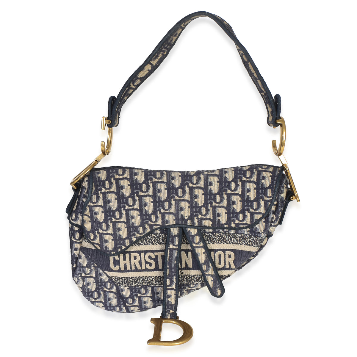 Christian Dior Blue Oblique Embroidered Medium Saddle Bag Handbag fv