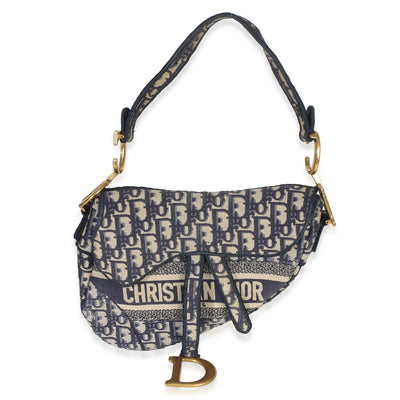 Christian Dior Blue Oblique Embroidered Medium Saddle Bag Handbag fv