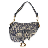 Christian Dior Blue Oblique Embroidered Medium Saddle Bag Handbag fv
