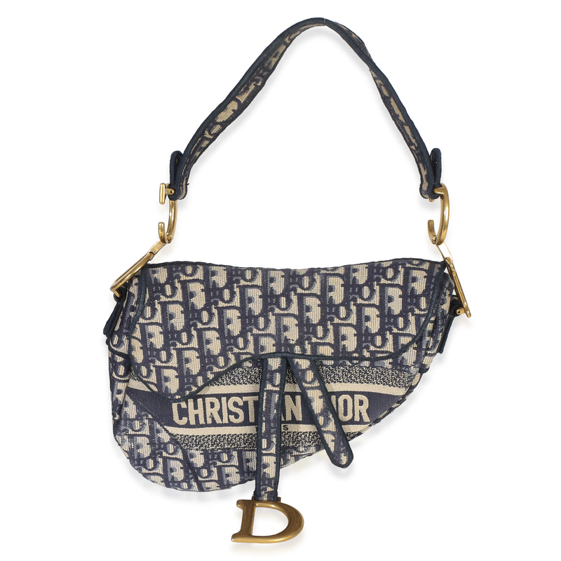 Christian Dior Blue Oblique Embroidered Medium Saddle Bag Handbag fv
