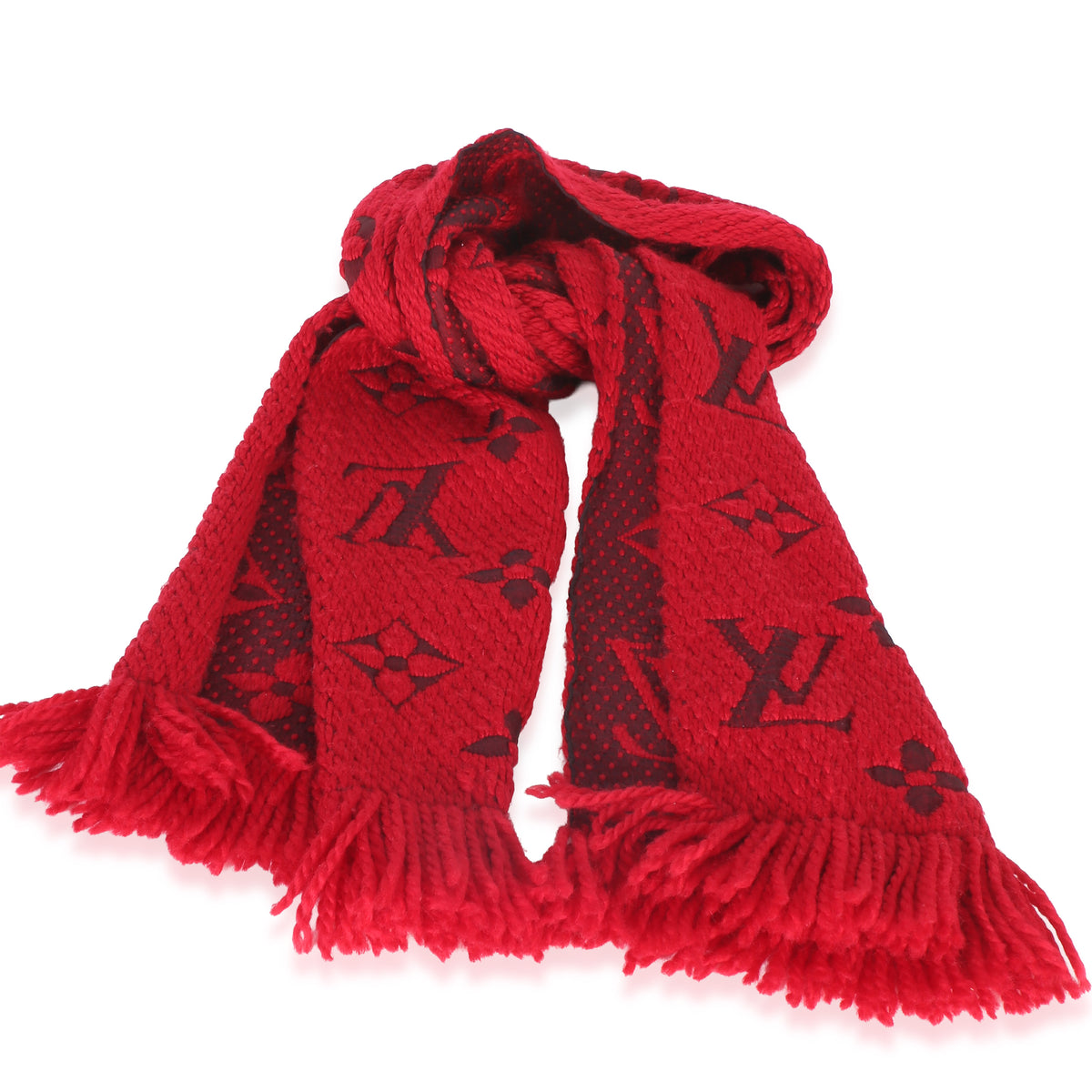 Louis Vuitton Red Monogram Wool Logomania Fringe Scarf 2