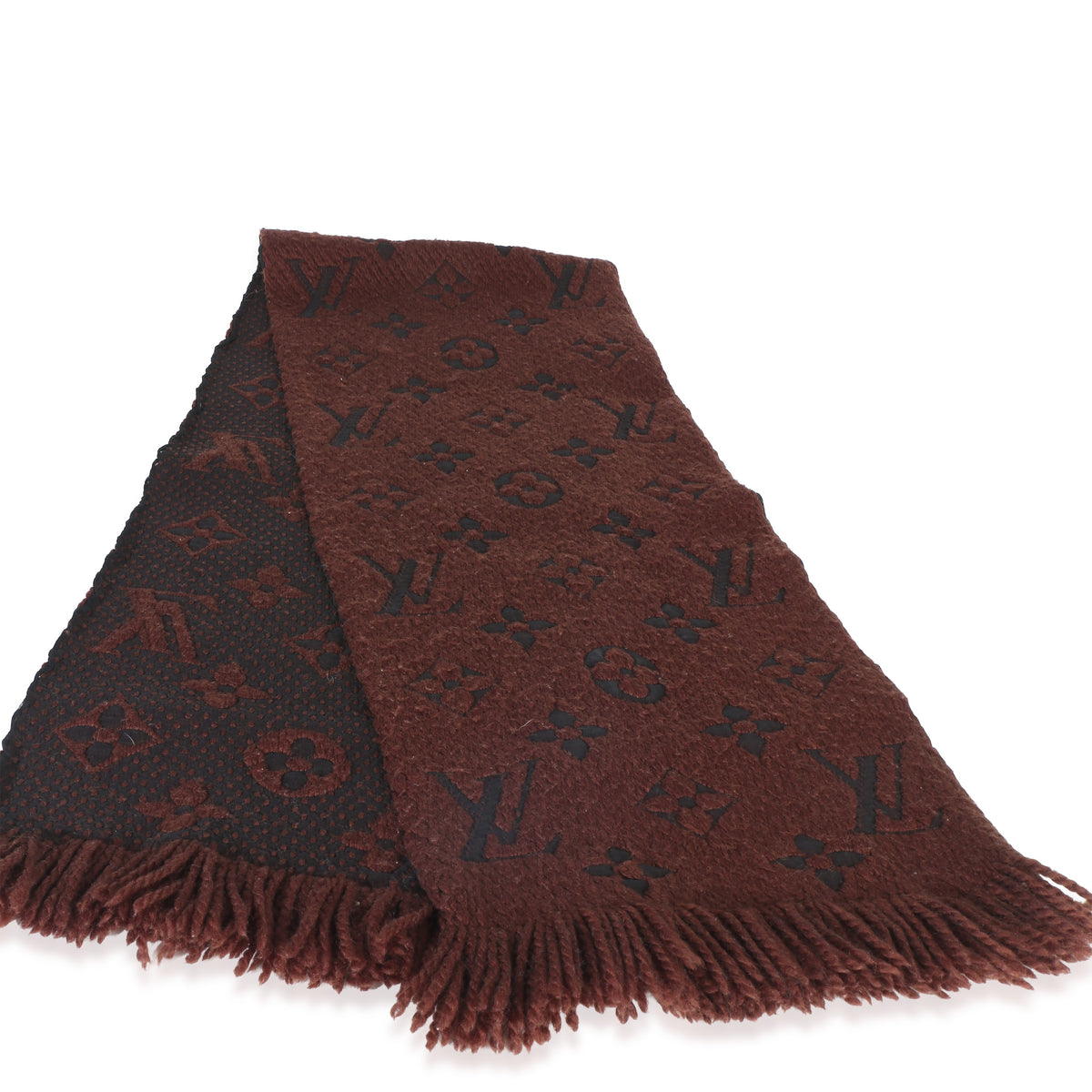 Louis Vuitton Brown Monogram Wool Logomania Fringe Scarf fv