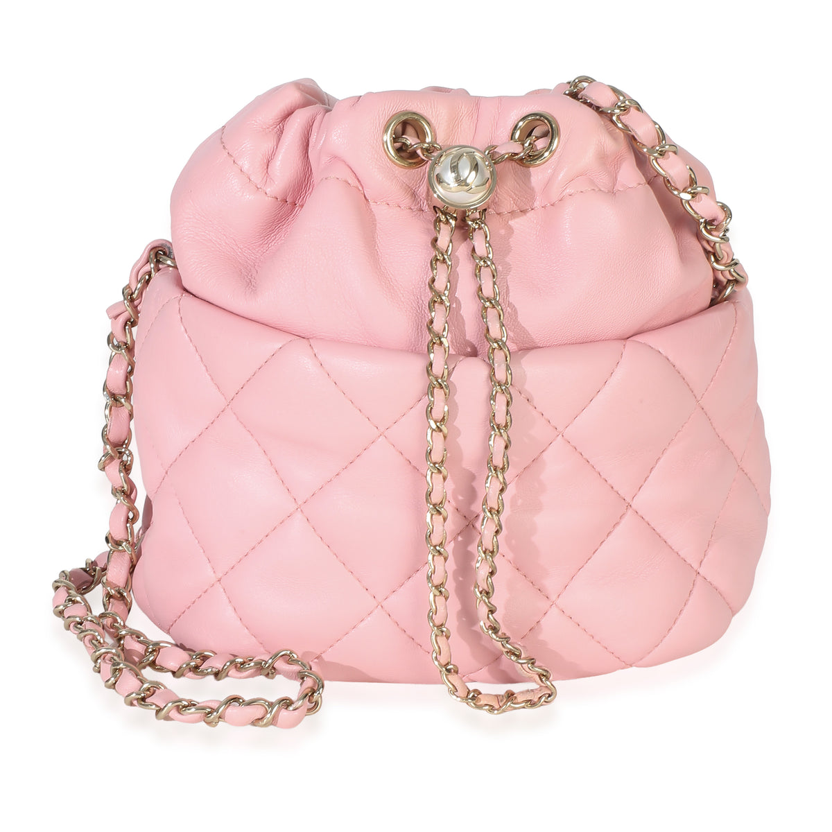 Chanel Pink Quilted Lambskin Pearl Drawstring Bucket Bag Handbag id