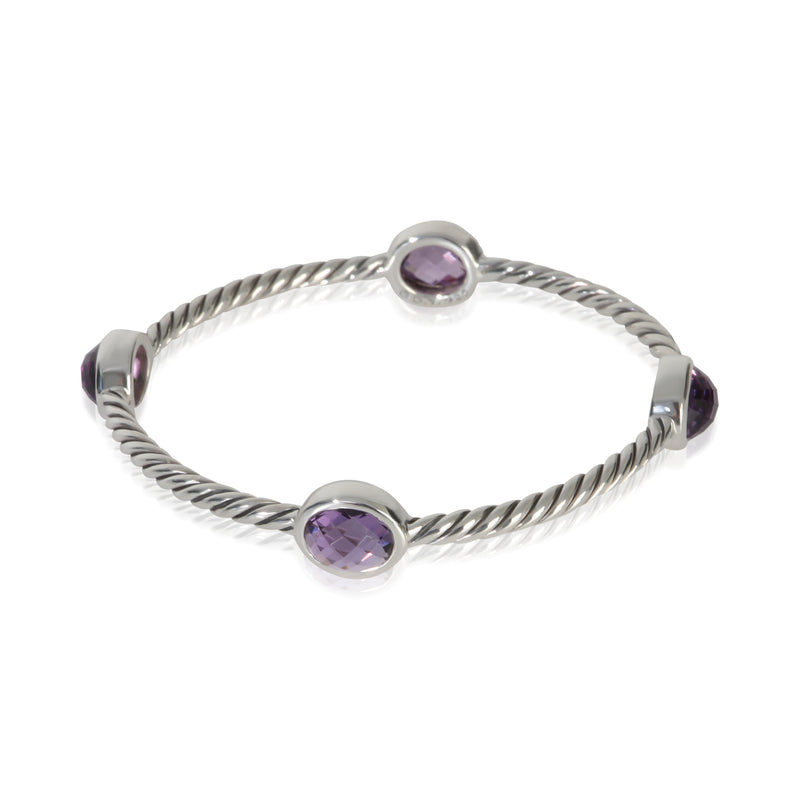 David Yurman Sterling Silver Amethyst Cable Station Slip On Bangle Bracelet fv