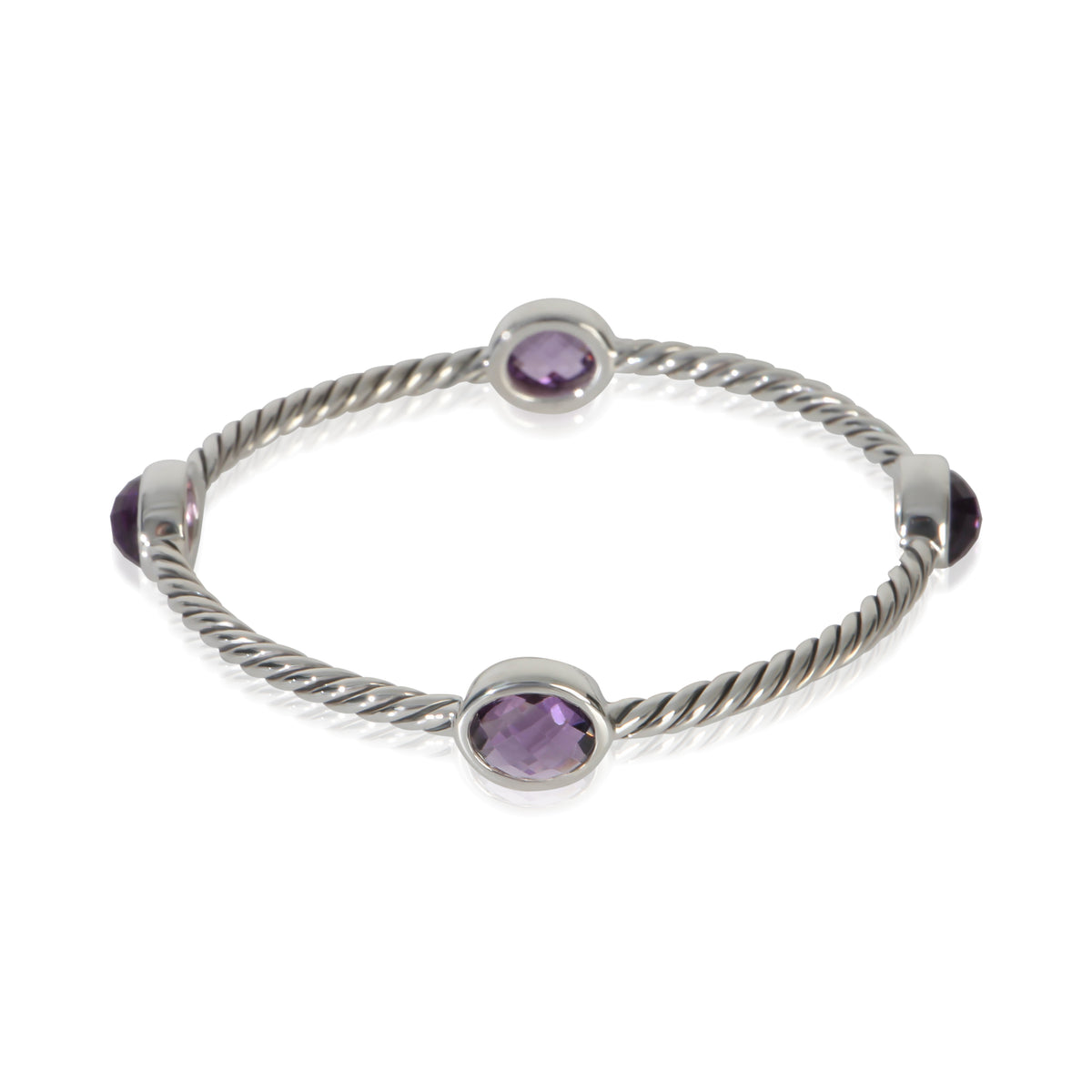 David Yurman Sterling Silver Amethyst Cable Station Slip On Bangle Bracelet pv