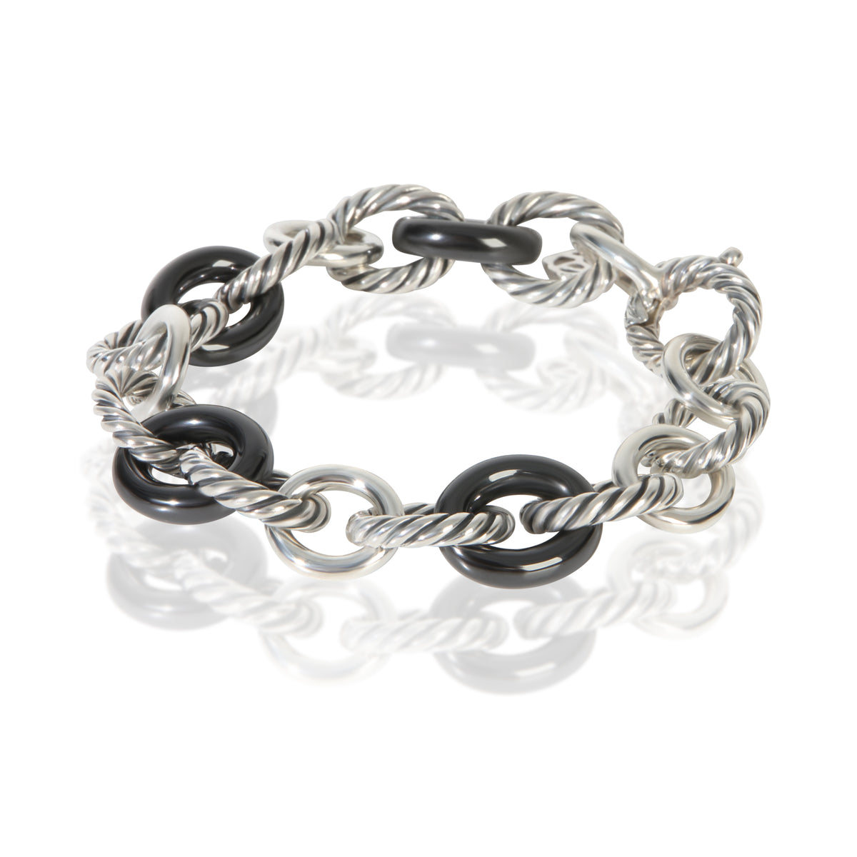 David Yurman Sterling Silver & Black Ceramic Oval Link Bracelet sv