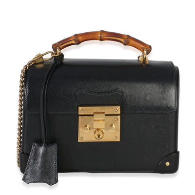 Gucci Black Azalea Calfskin Small Padlock Bamboo Shoulder Bag Handbag fv