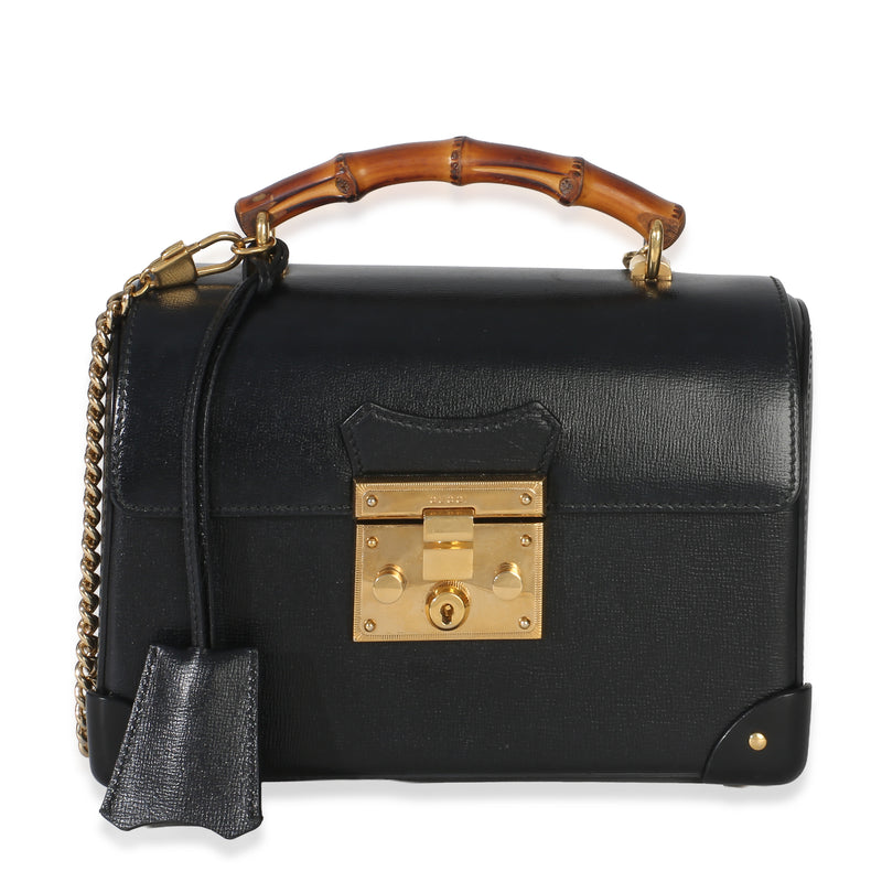 Gucci Black Azalea Calfskin Small Padlock Bamboo Shoulder Bag Handbag fv