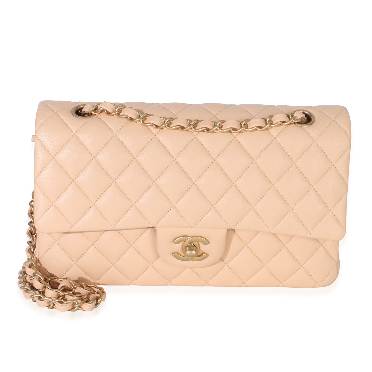 Chanel Beige Quilted Lambskin Medium Classic Double Flap Bag Handbag fv