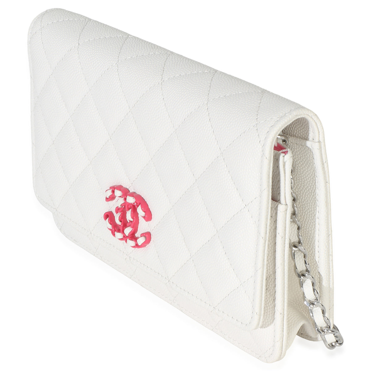 Chanel White Pink Quilted Caviar Woven CC Wallet On Chain Handbag 2