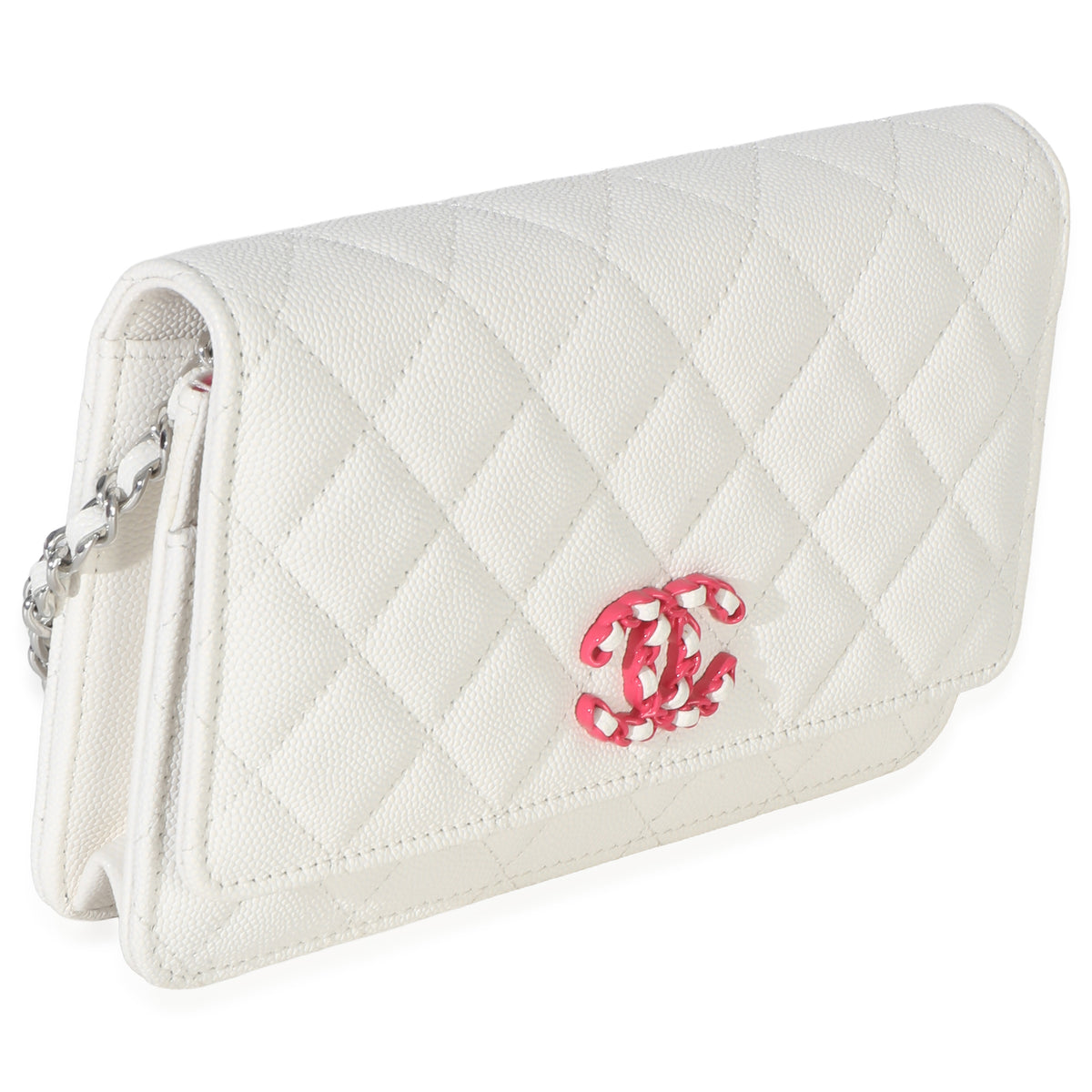 Chanel White Pink Quilted Caviar Woven CC Wallet On Chain Handbag 3