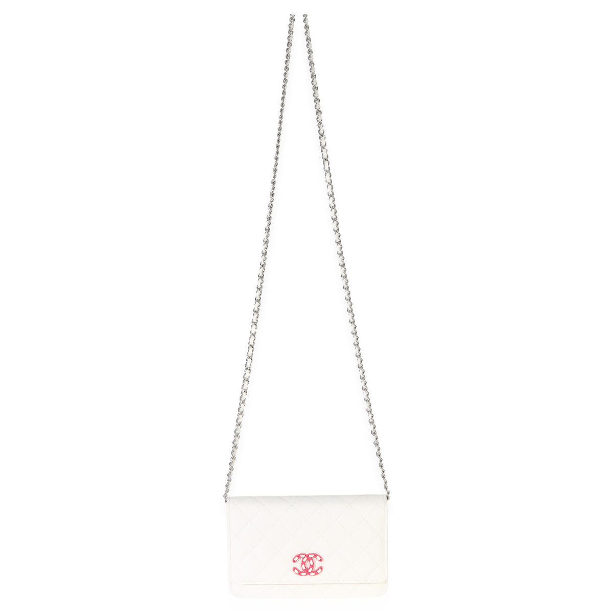 Chanel White Pink Quilted Caviar Woven CC Wallet On Chain Handbag 8