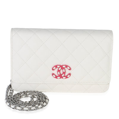Chanel White Pink Quilted Caviar Woven CC Wallet On Chain Handbag fv