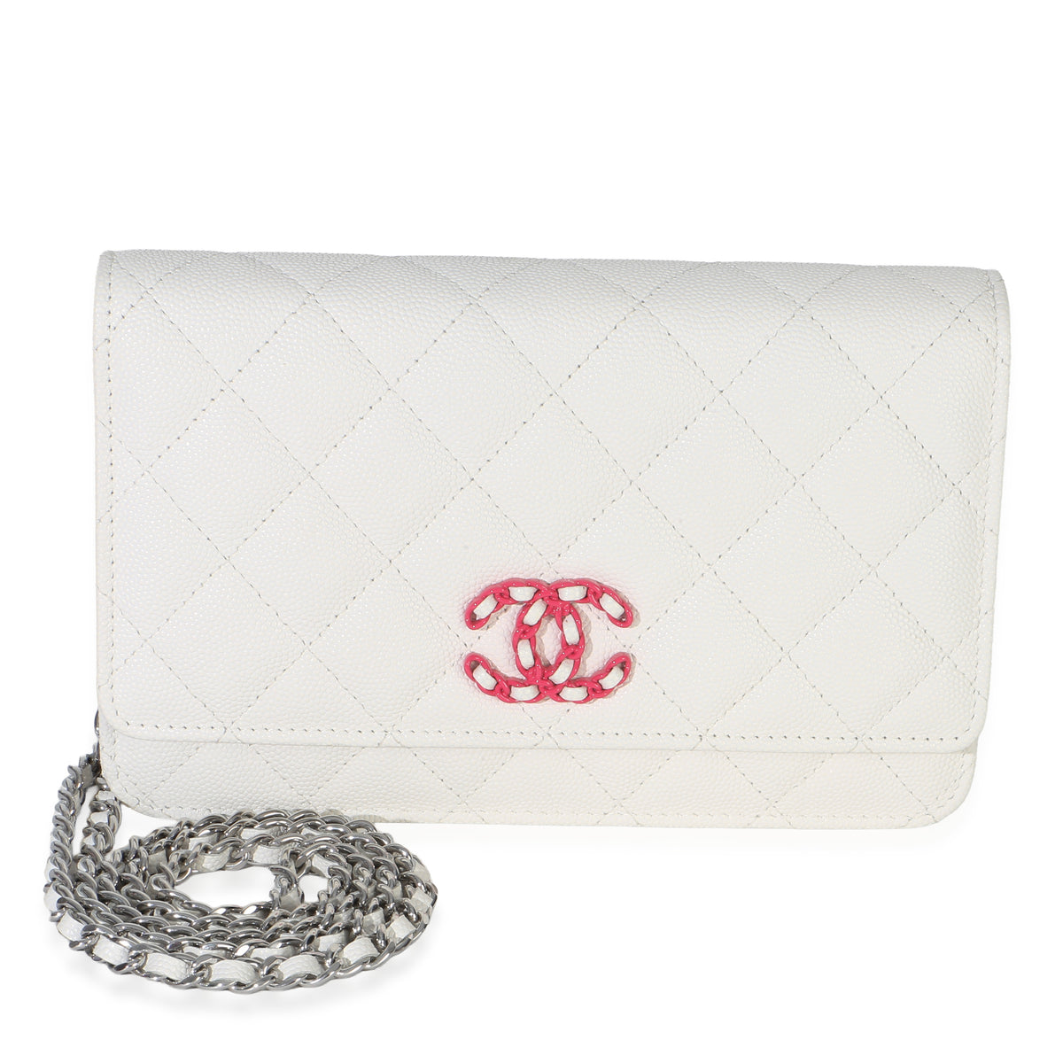 Chanel White Pink Quilted Caviar Woven CC Wallet On Chain Handbag fv