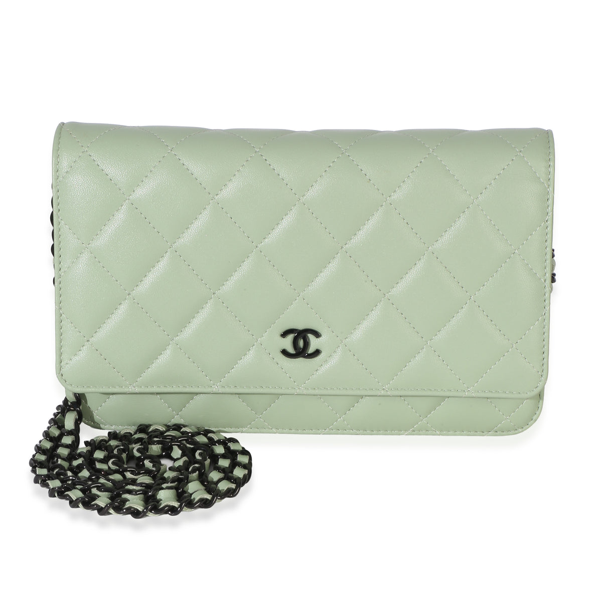 Chanel Light Green Quilted Lambskin Classic Wallet On Chain Handbag fv