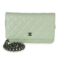 Chanel Light Green Quilted Lambskin Classic Wallet On Chain Handbag fv